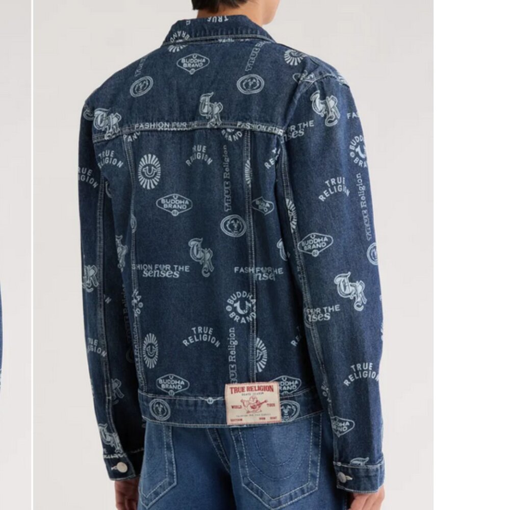True Religion AOP Logo Denim SN Jacket Medium Rustic Barn Wash Size XL NWT - Picture 4 of 12